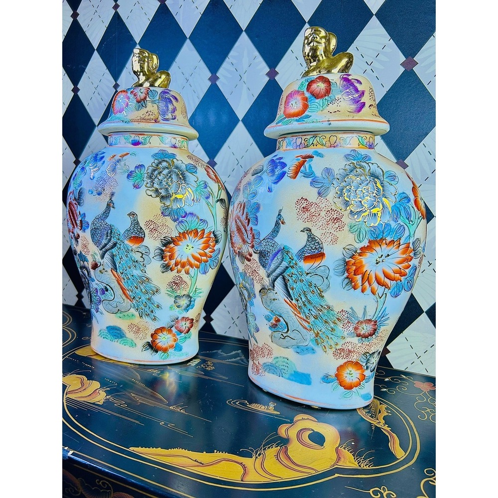 Vintage Chinoiserie Peacock Ginger Jars Gold Foo Dog Lid Pair 15.5" - Picture 8 of 17